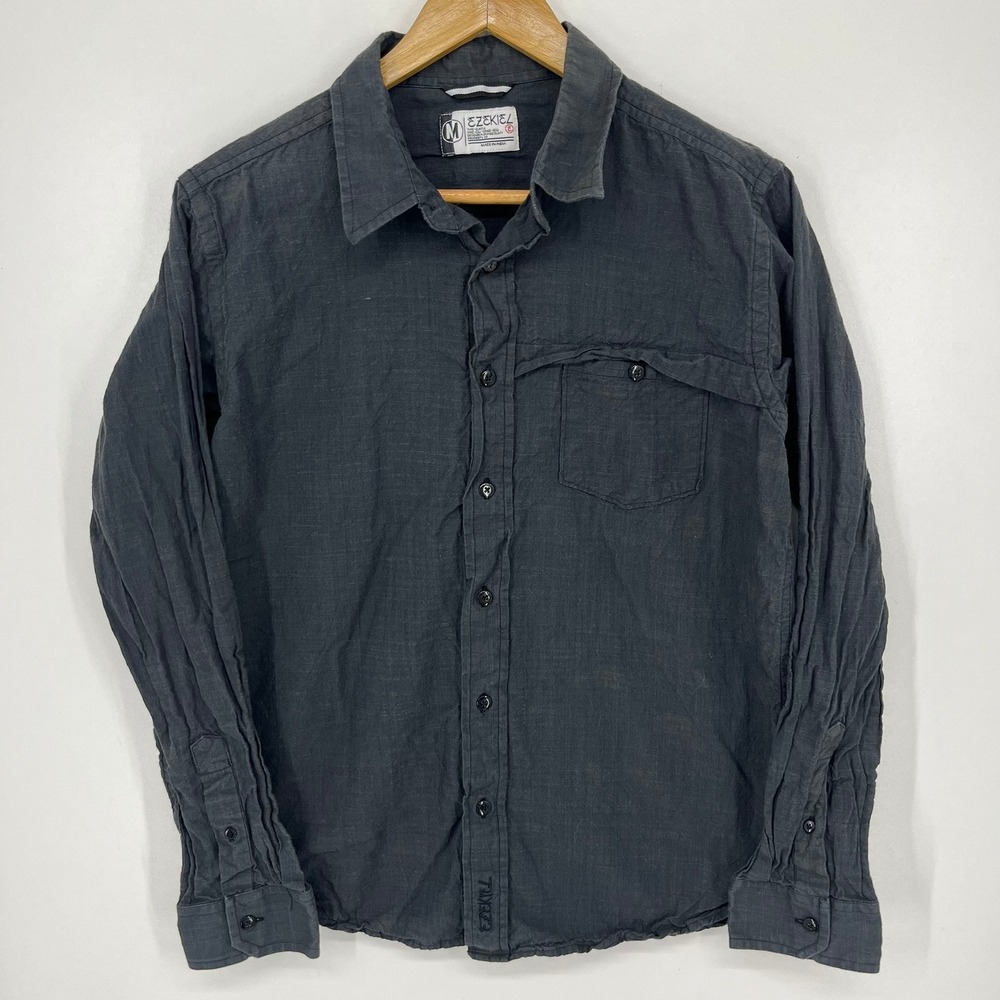Ezekiel Mens Long Sleeve Button Down Shirt Charcoal Gray Cotton Size M